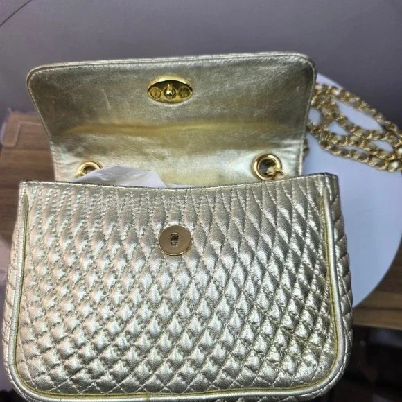 Bally Gold Quilted Lambskin Leather Crossbody Bag Purse Gold Chain Small Vintage - Picture 2 of 15
